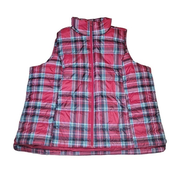 Lands' End Down Fill Puffer Vest Plaid Red - Picture 1 of 9